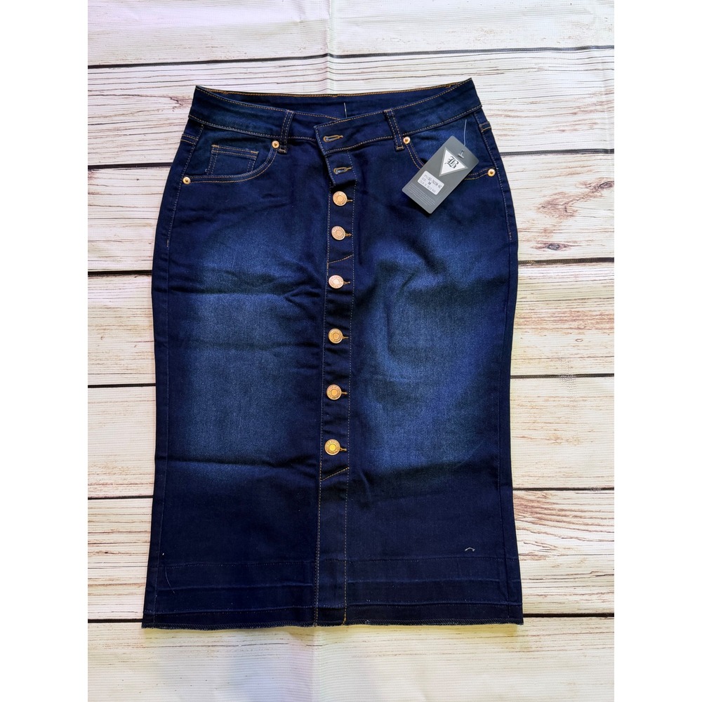 Be-Girl Womens Dark Indigo Wash Button Front Denim Midi Pencil Skirt SG-76258-6C